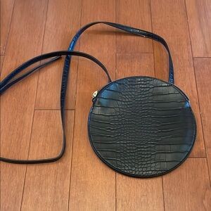 Round Black Croc-Embossed Crossbody Bag